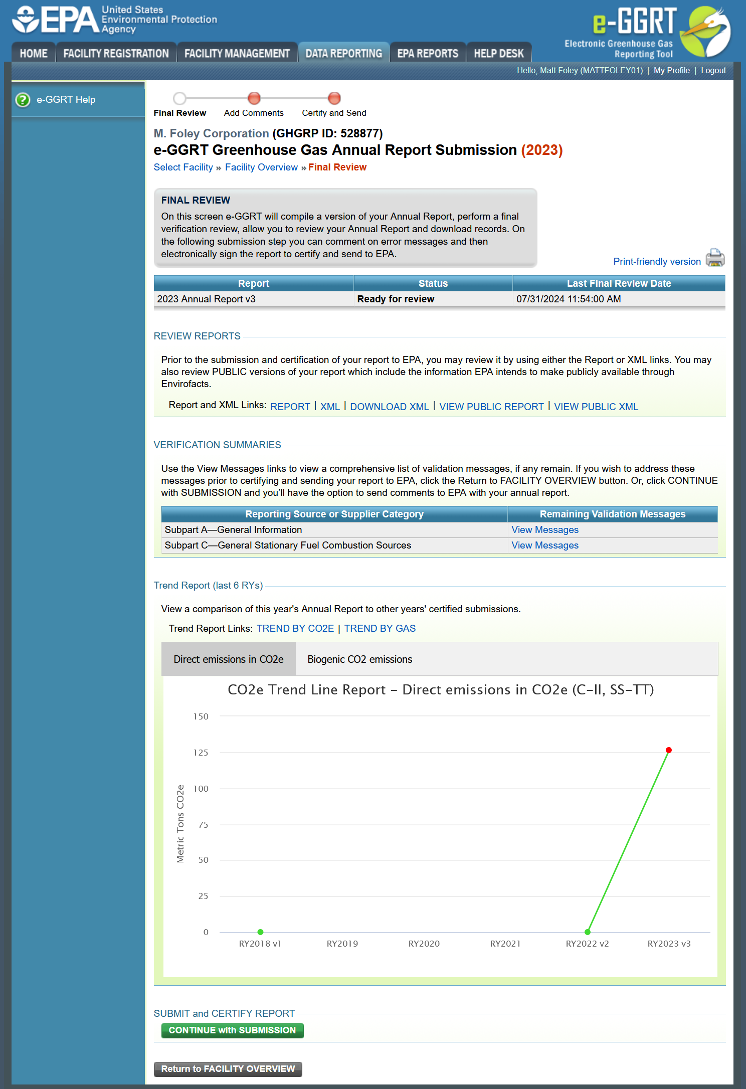 After reviewing the report, click the CONTINUE with SUBMISSION button